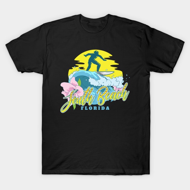 South Beach Florida Surfing Retro T-Shirt by CreativeGiftShop